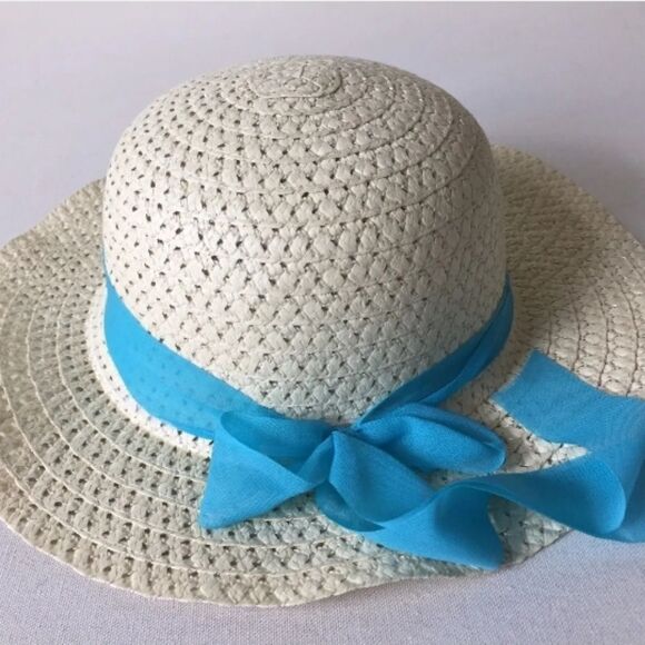 Floppy Wide Brim Summer Sun Beach Hat Natural Color Blue Ribbon Paper - Picture 1 of 11